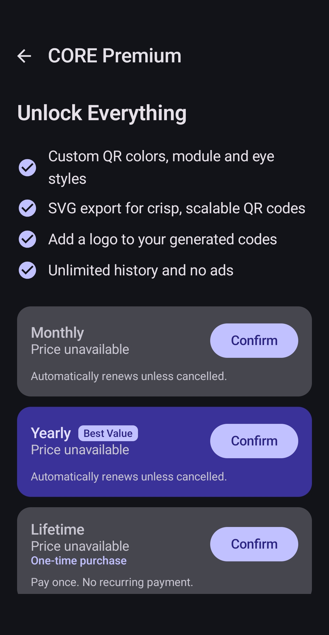 CORE QR Scanner interface
