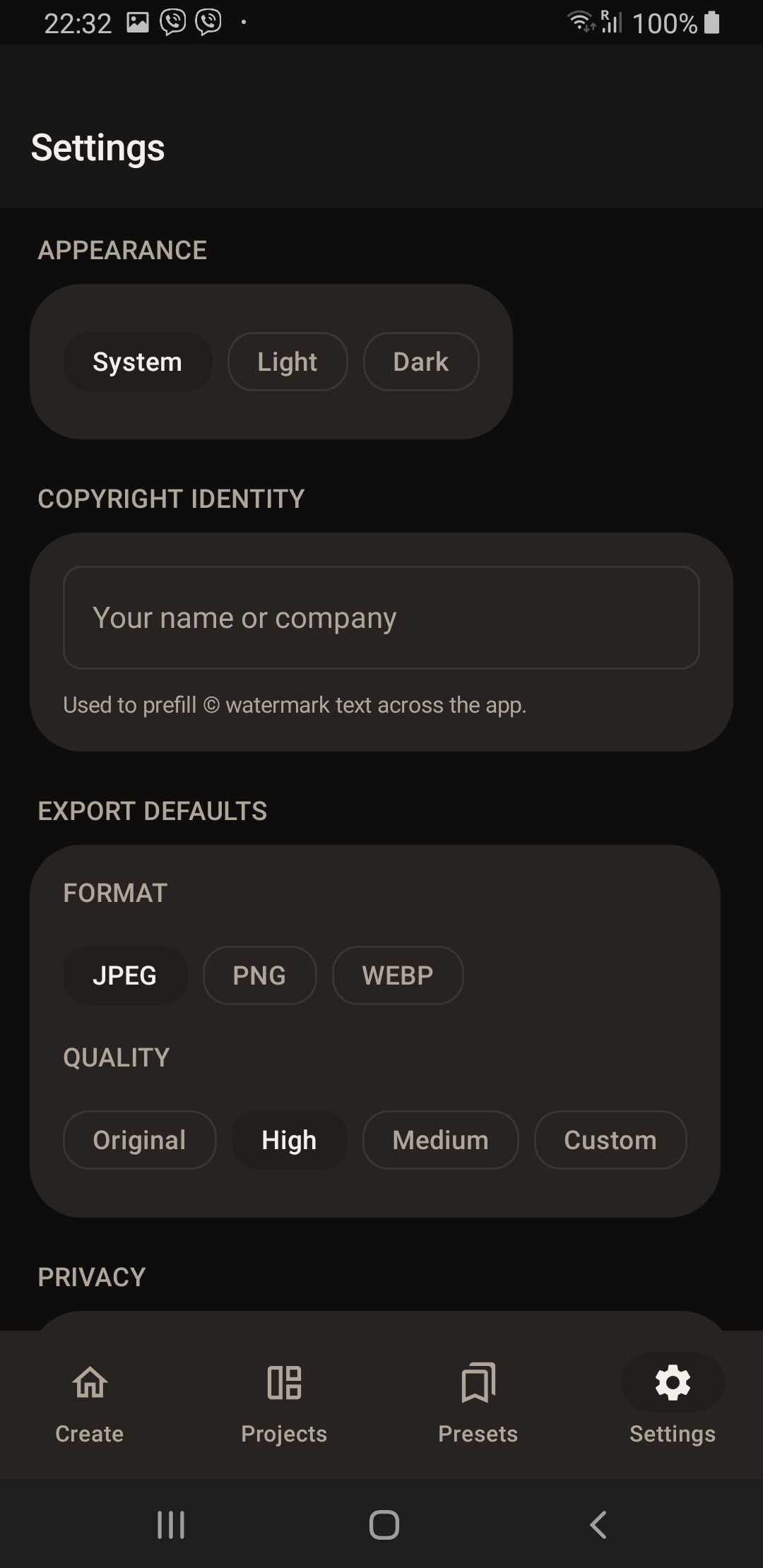 CORE Watermark export and identity settings